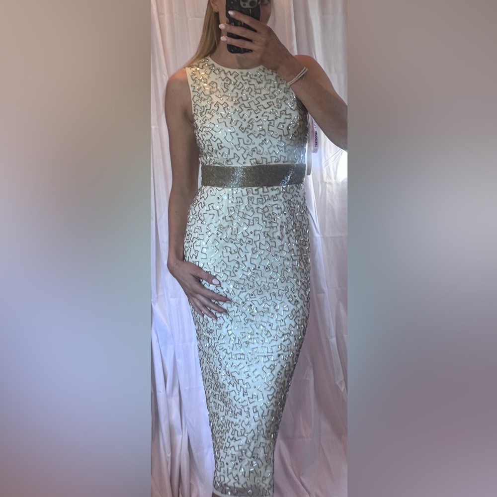 Mac Duggal Strapless ivory and Gold beaded pattern Dress